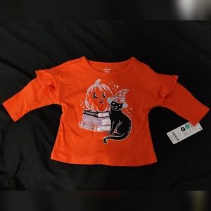 Orange Halloween Baby Shirt with Cat and Pumpkin